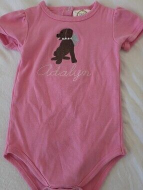 Blanke Boutique Pink Onesie W/ Chocolate Lab Puppy Monogrammed With ADALYN